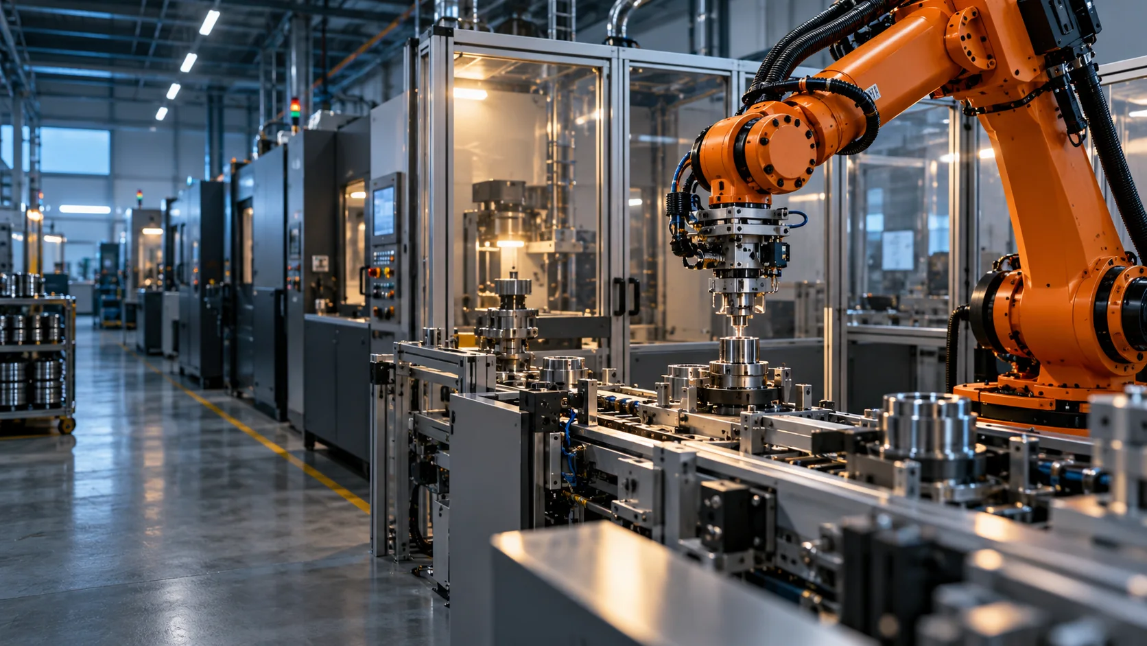 Otomatik üretim hattında endüstriyel robot — temsili görsel
